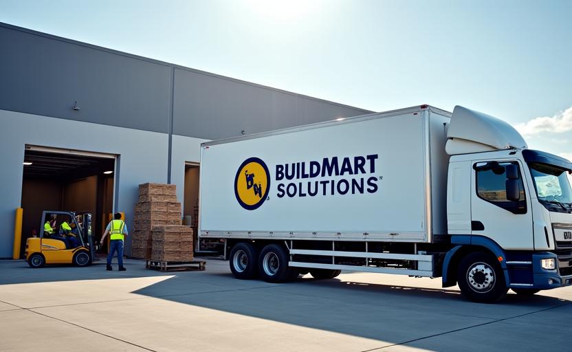 Trak penghantaran SG BuildMart Solutions sedang dimuatkan di gudang.