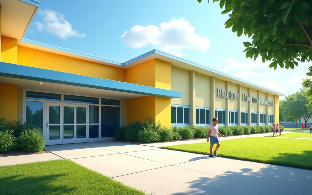 Fasad sekolah yang baru dicat dan moden.