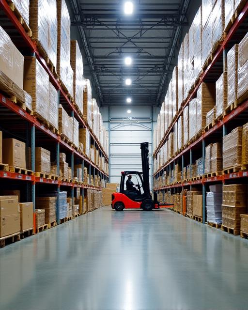 Gudang SG BuildMart Solutions yang kemas dan teratur dengan forklift bergerak.